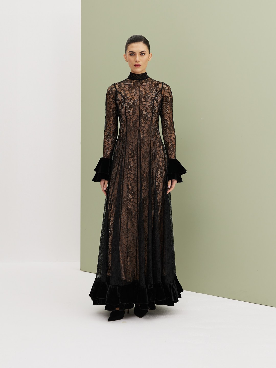 Ruffled Hem Lace Gown
