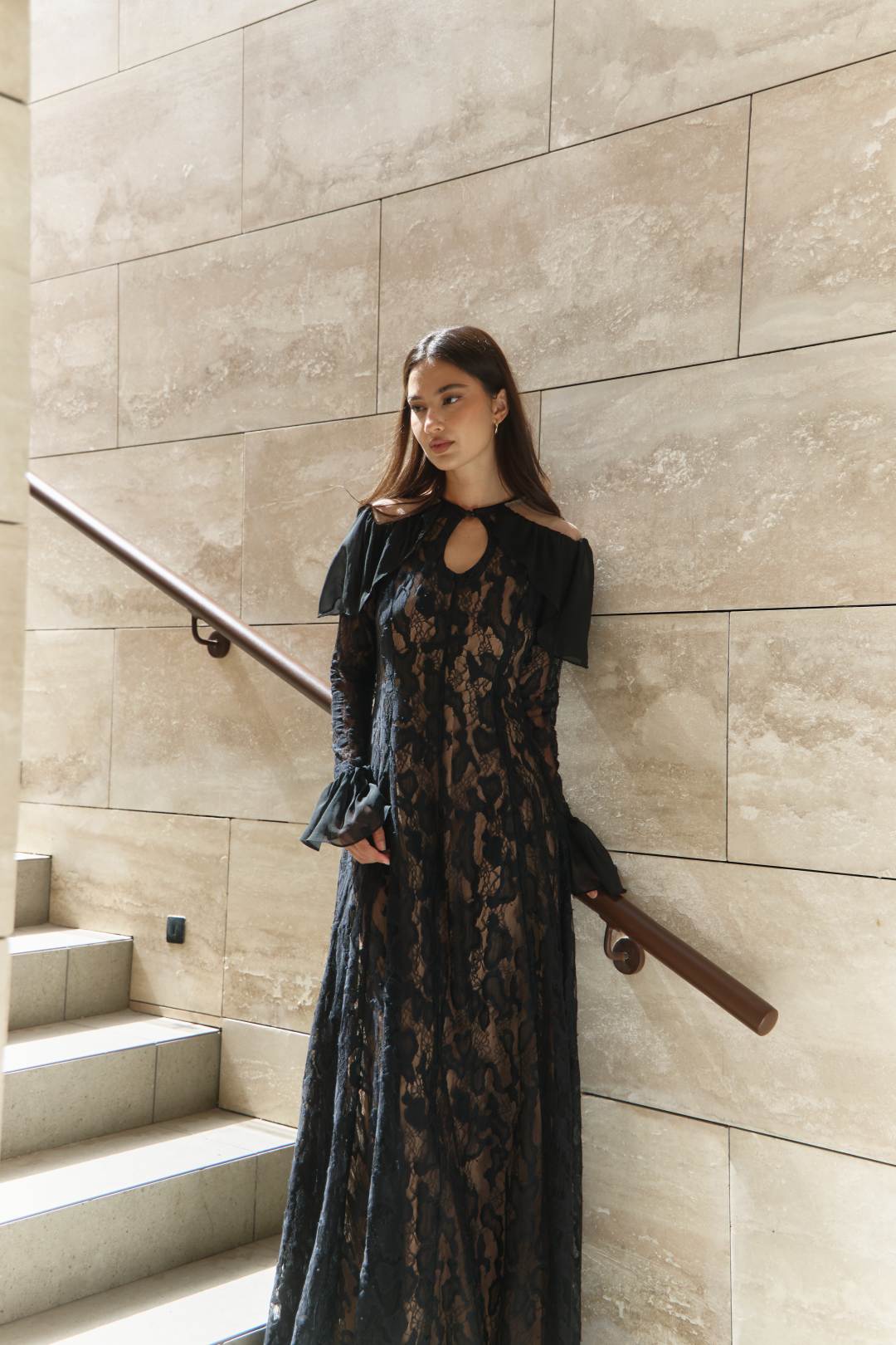 Draped Cape Lace Dress - Image 3