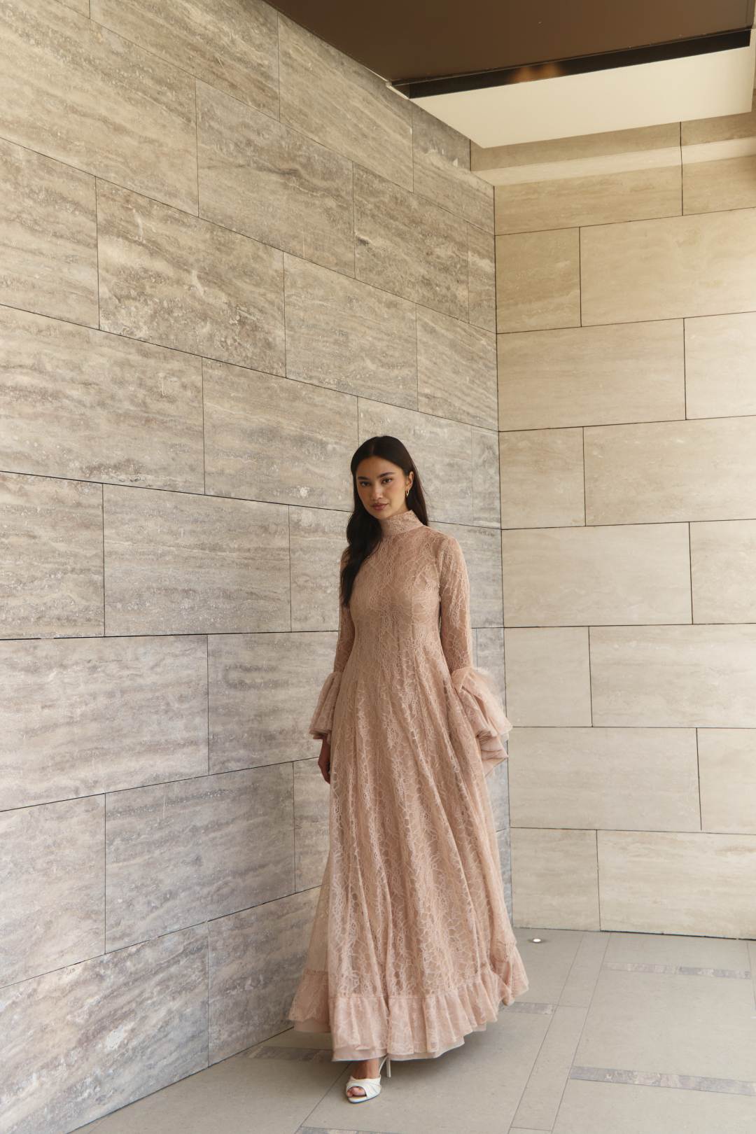 Ruffled Hem Lace Gown - Nude Blush - Image 5