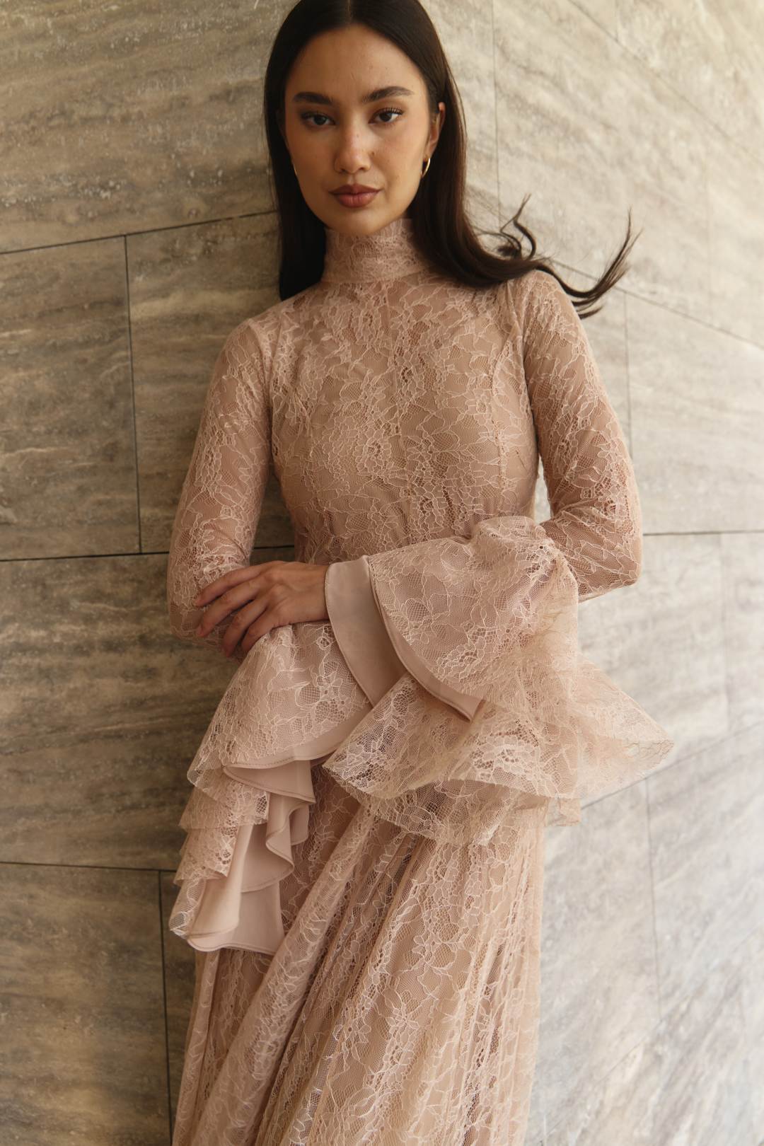 Ruffled Hem Lace Gown - Nude Blush - Image 3