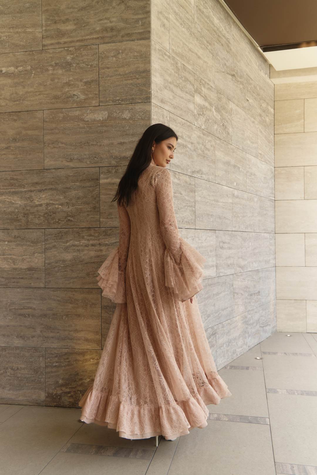 Ruffled Hem Lace Gown - Nude Blush - Image 4
