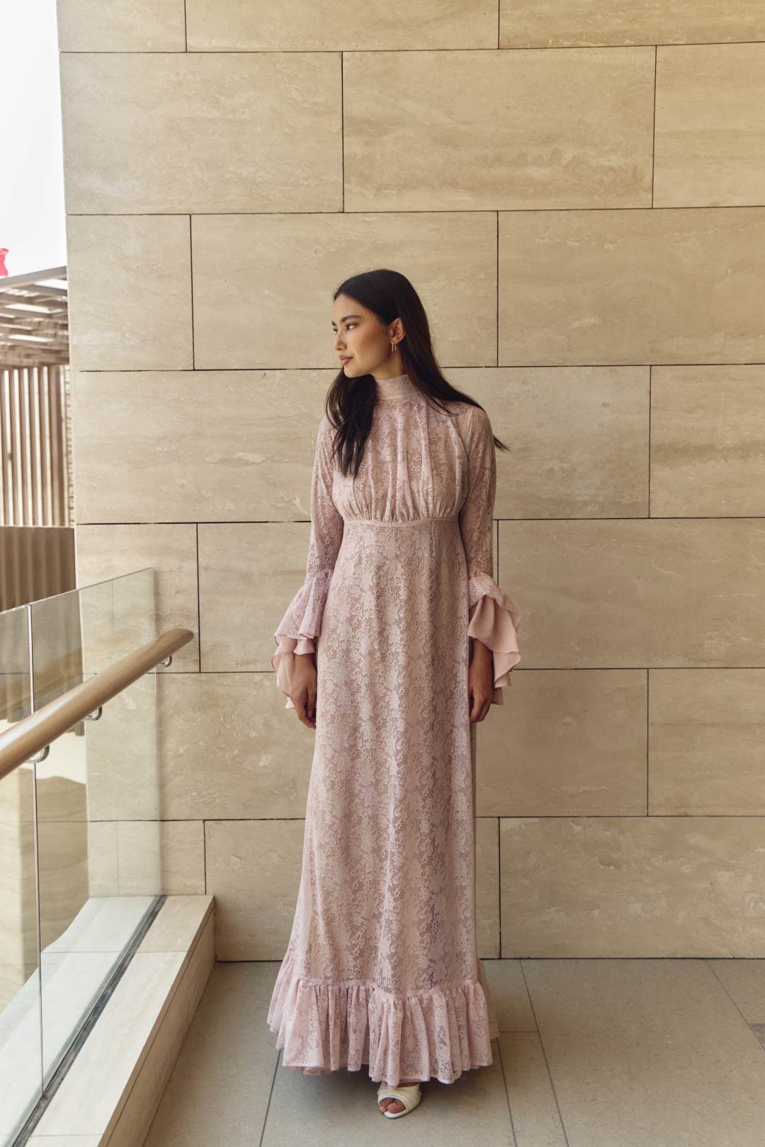 High Neck Lace Dress - Blush Pink