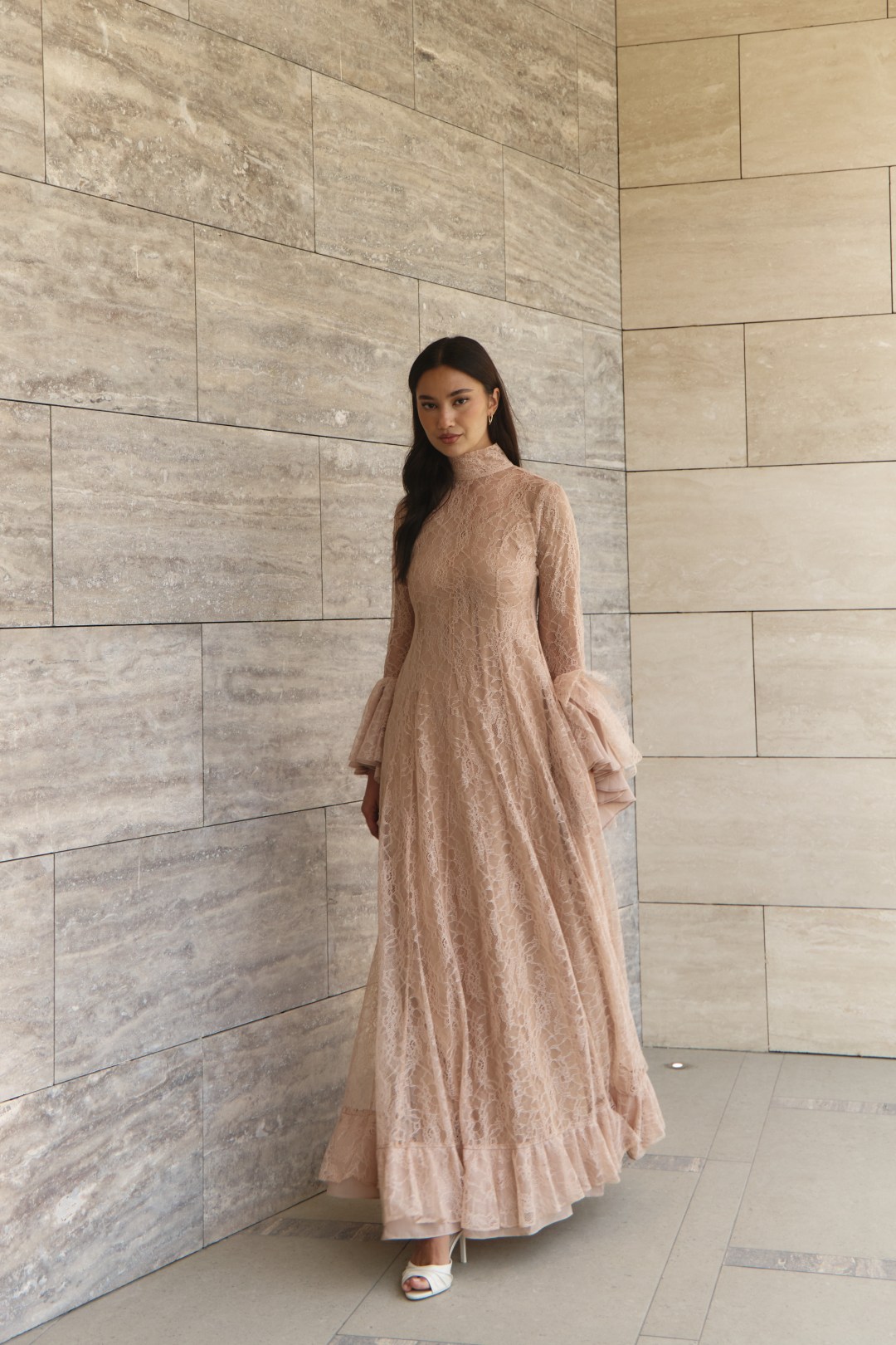 Ruffled Hem Lace Gown - Nude Blush